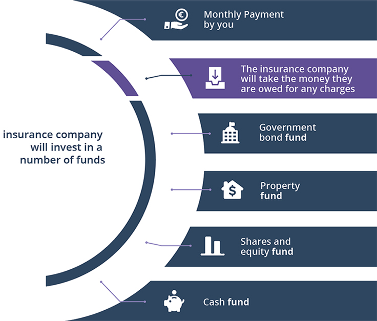 Insurance company will invest in a number of funds - Monthly payment by you; Government bond fund; Property fund; Shares and equity fund; Cash fund