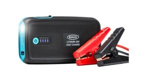 This image shows a black lithium battery with two jump start cables.