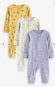 Next baby sleepsuits 3 pack in yellow, white and blue